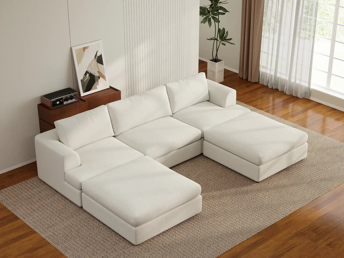 Deluxe Cloud 3-Seater White Large Space U-Shaped Sectional | 5-Piece (Includes 2 Ottomans), Bouclé Sherpa-Like Fabric, Easy To Clean