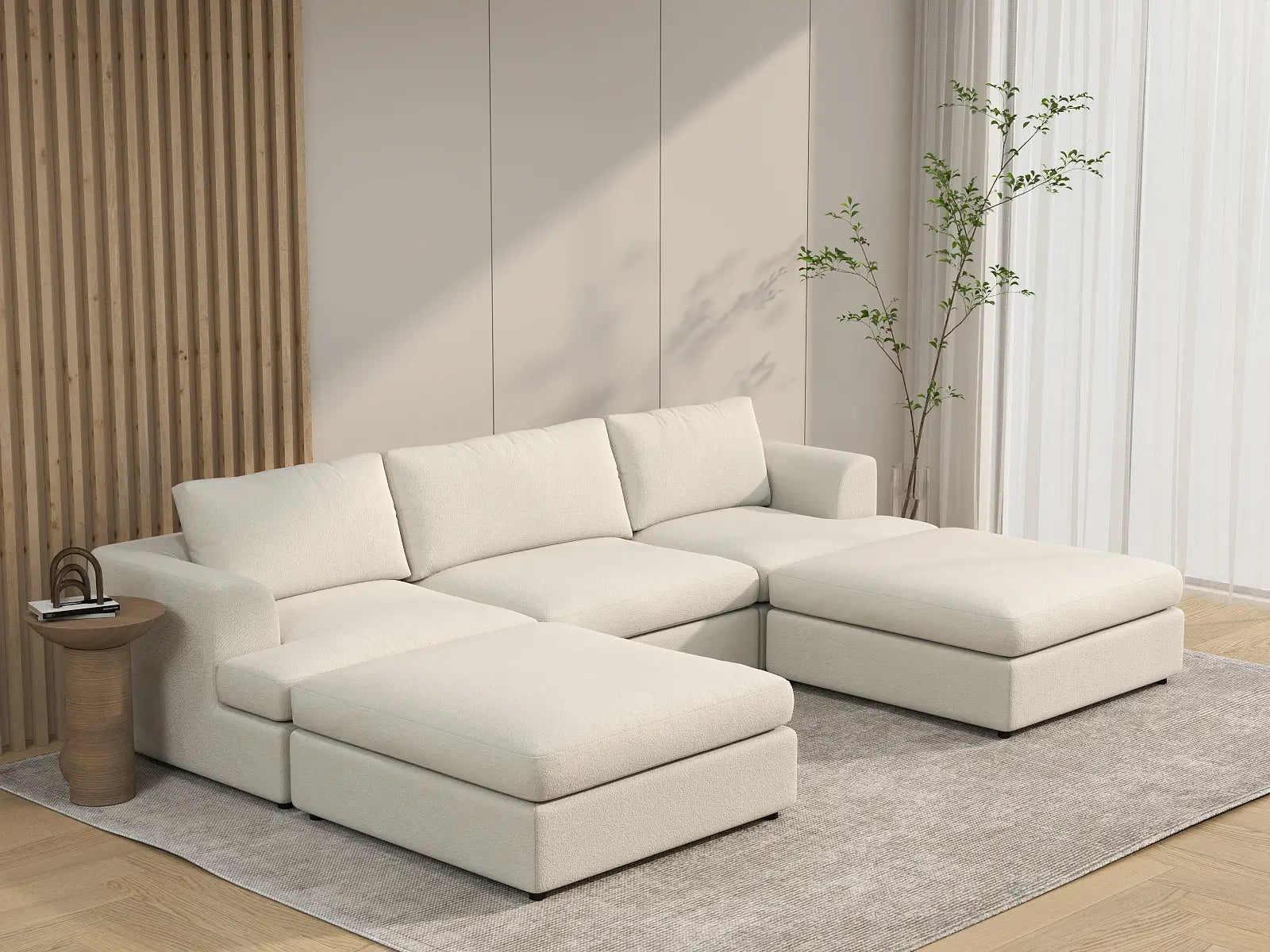 Deluxe Cloud 3-Seater White Large Space U-Shaped Sectional | 5-Piece (Includes 2 Ottomans), Bouclé Sherpa-Like Fabric, Easy To Clean