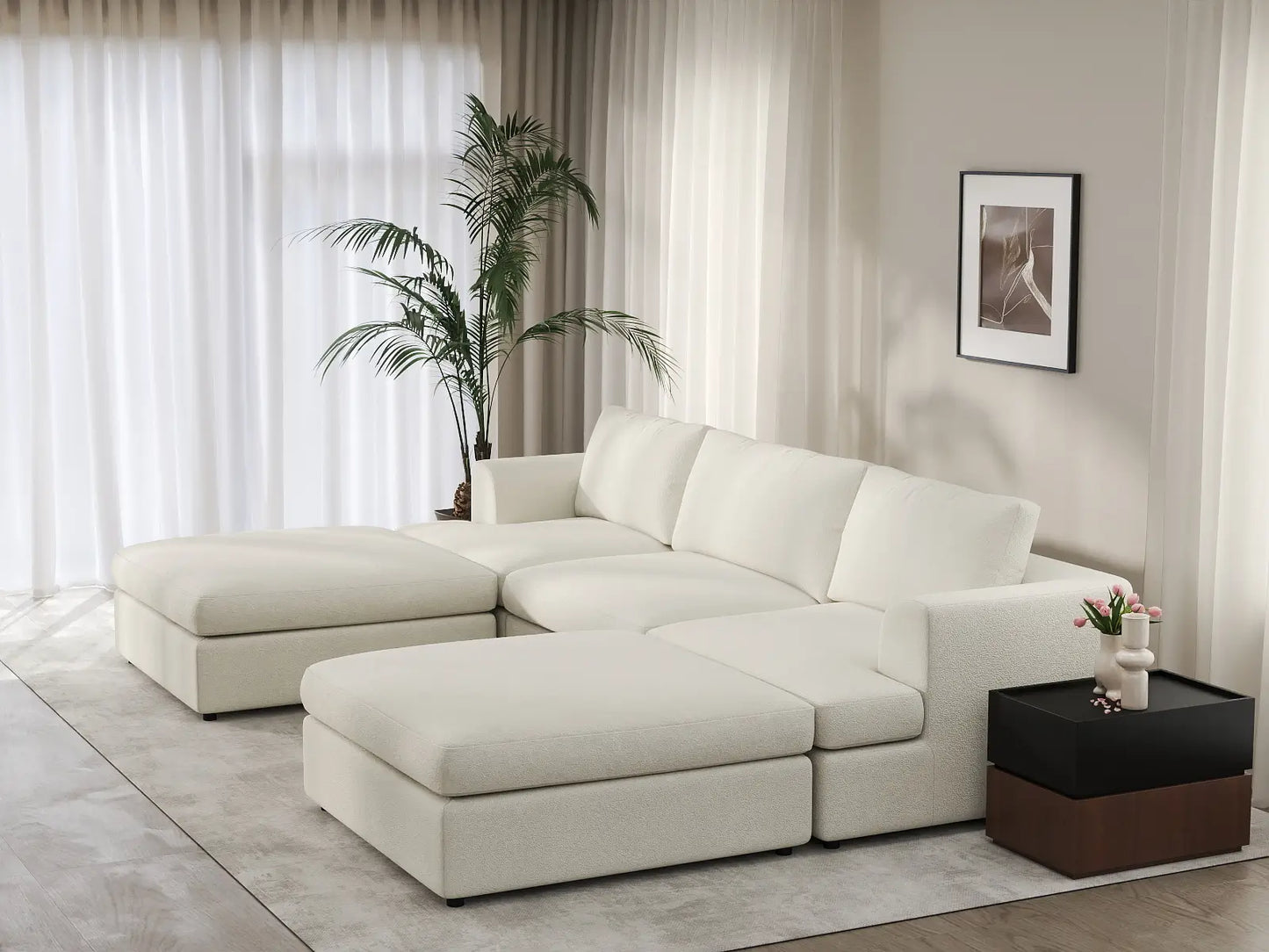 Deluxe Cloud 3-Seater White Large Space U-Shaped Sectional | 5-Piece (Includes 2 Ottomans), Bouclé Sherpa-Like Fabric, Easy To Clean