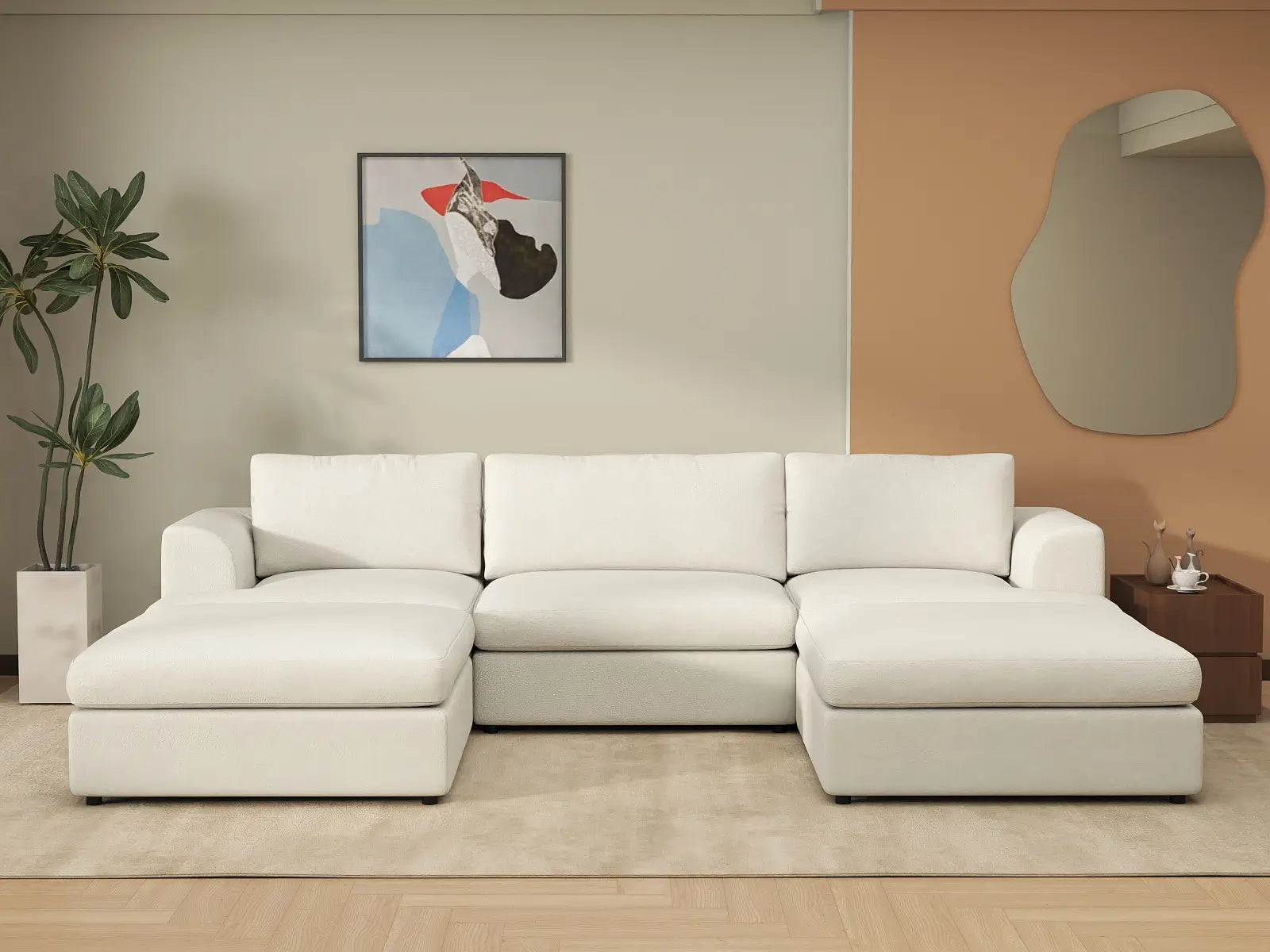 Deluxe Cloud 3-Seater White Large Space U-Shaped Sectional | 5-Piece (Includes 2 Ottomans), Bouclé Sherpa-Like Fabric, Easy To Clean