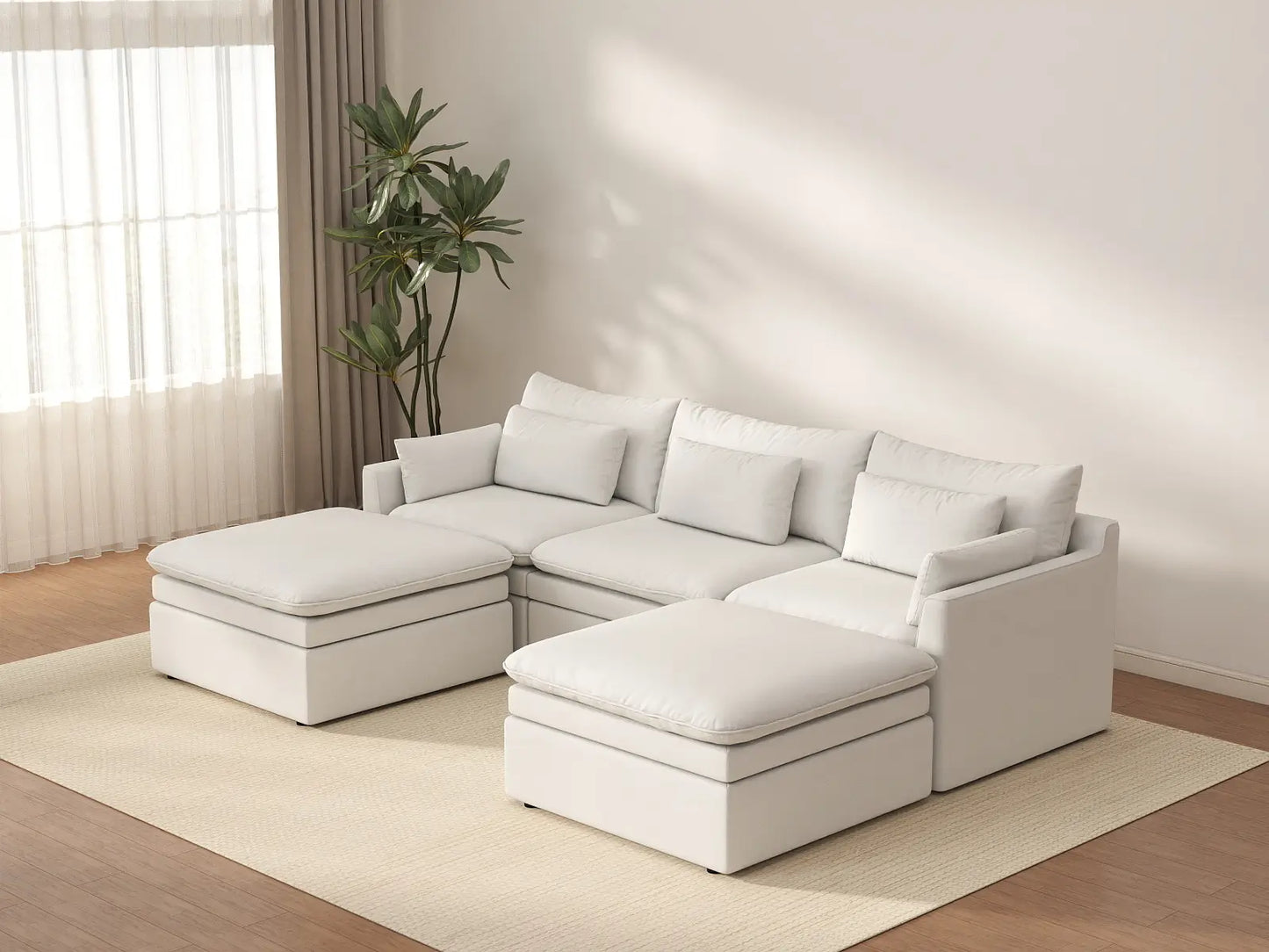 Deluxe Cloud 3-Seater White Large Space U-Shaped Sectional | 5-Piece (Includes 2 Ottomans), Linen Look Poly Fabric, Easy To Clean
