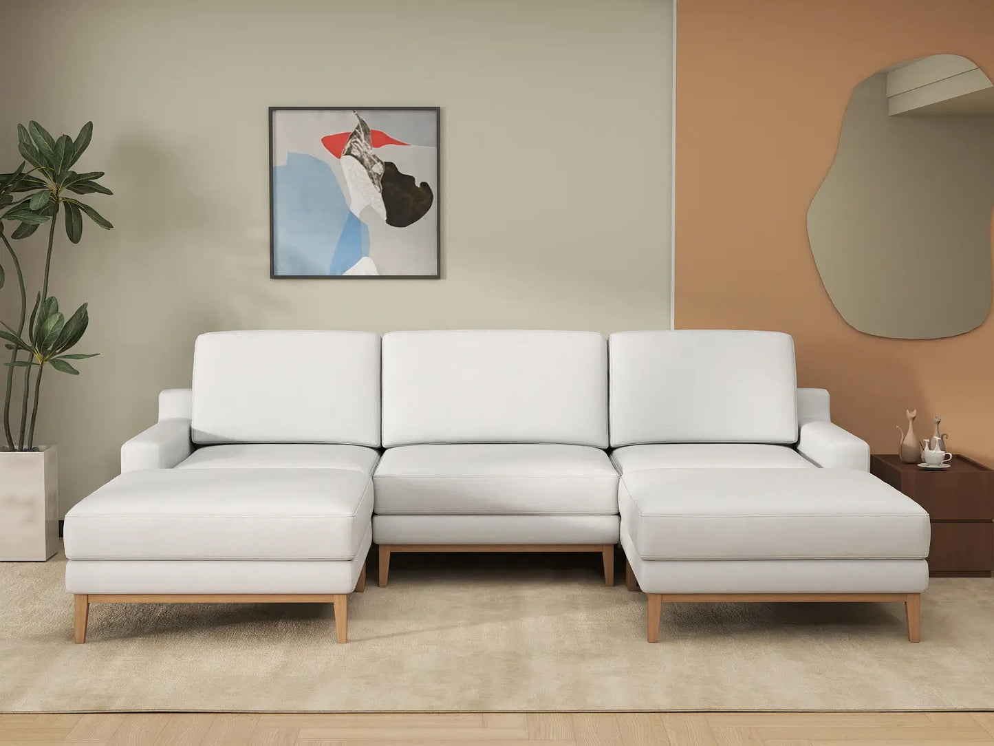 Deluxe Cloud 3-Seater White Large Space U-Shaped Sectional | 5-Piece (Includes 2 Ottomans), Linen Look Poly Fabric, Easy To Clean