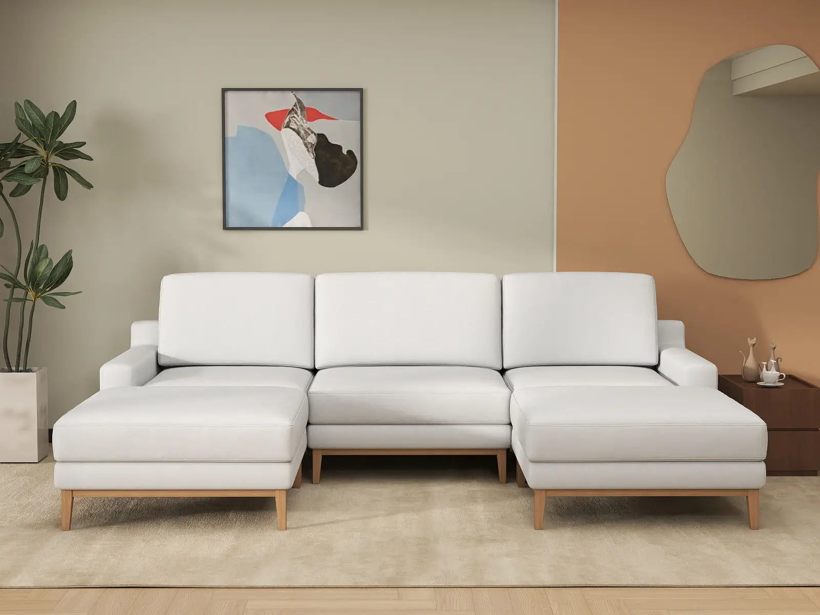 Deluxe Cloud 3-Seater White Large Space U-Shaped Sectional | 5-Piece (Includes 2 Ottomans), Linen Look Poly Fabric, Easy To Clean