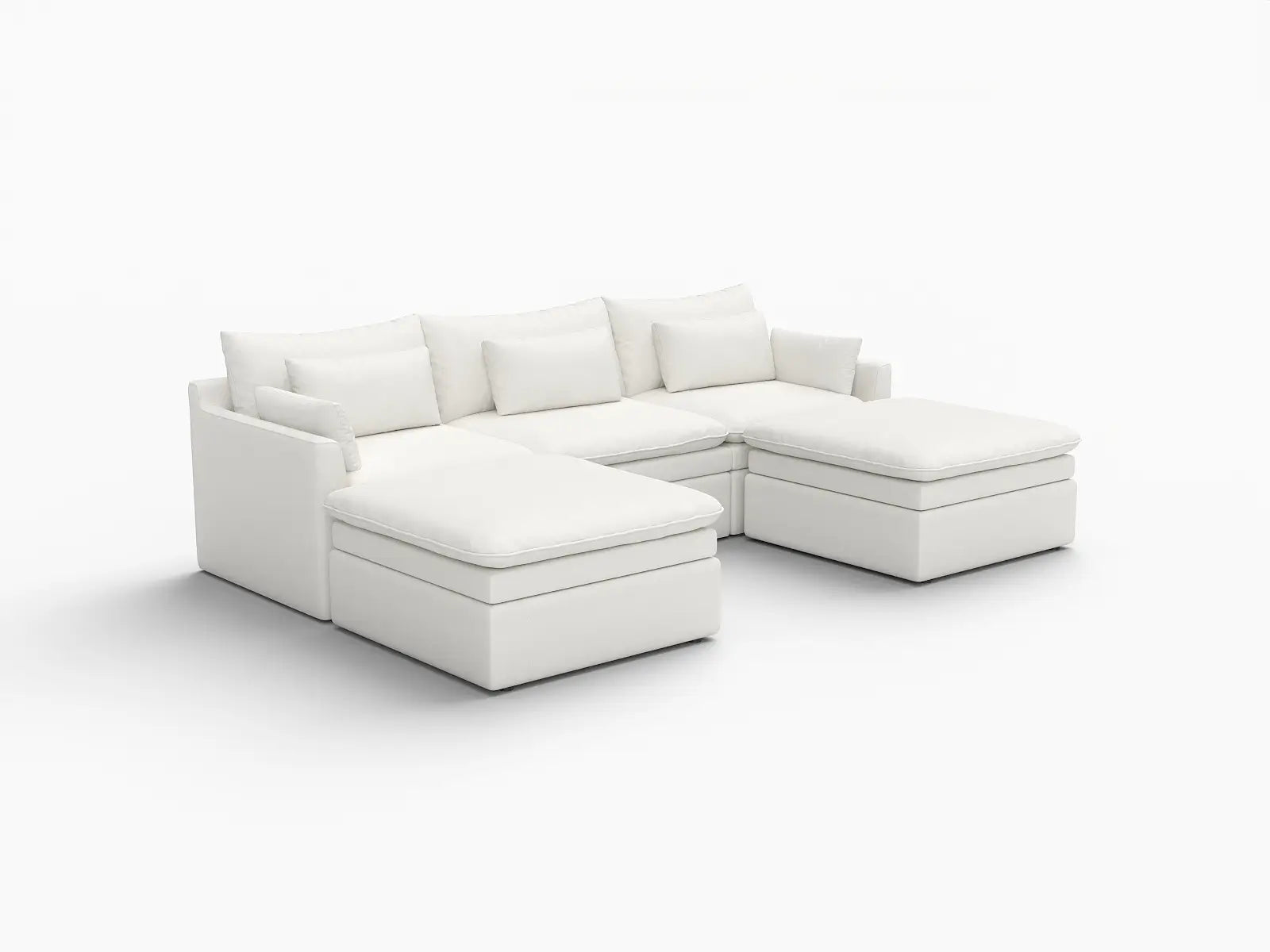 Deluxe Cloud 3-Seater White Large Space U-Shaped Sectional | 5-Piece (Includes 2 Ottomans), Linen Look Poly Fabric, Easy To Clean