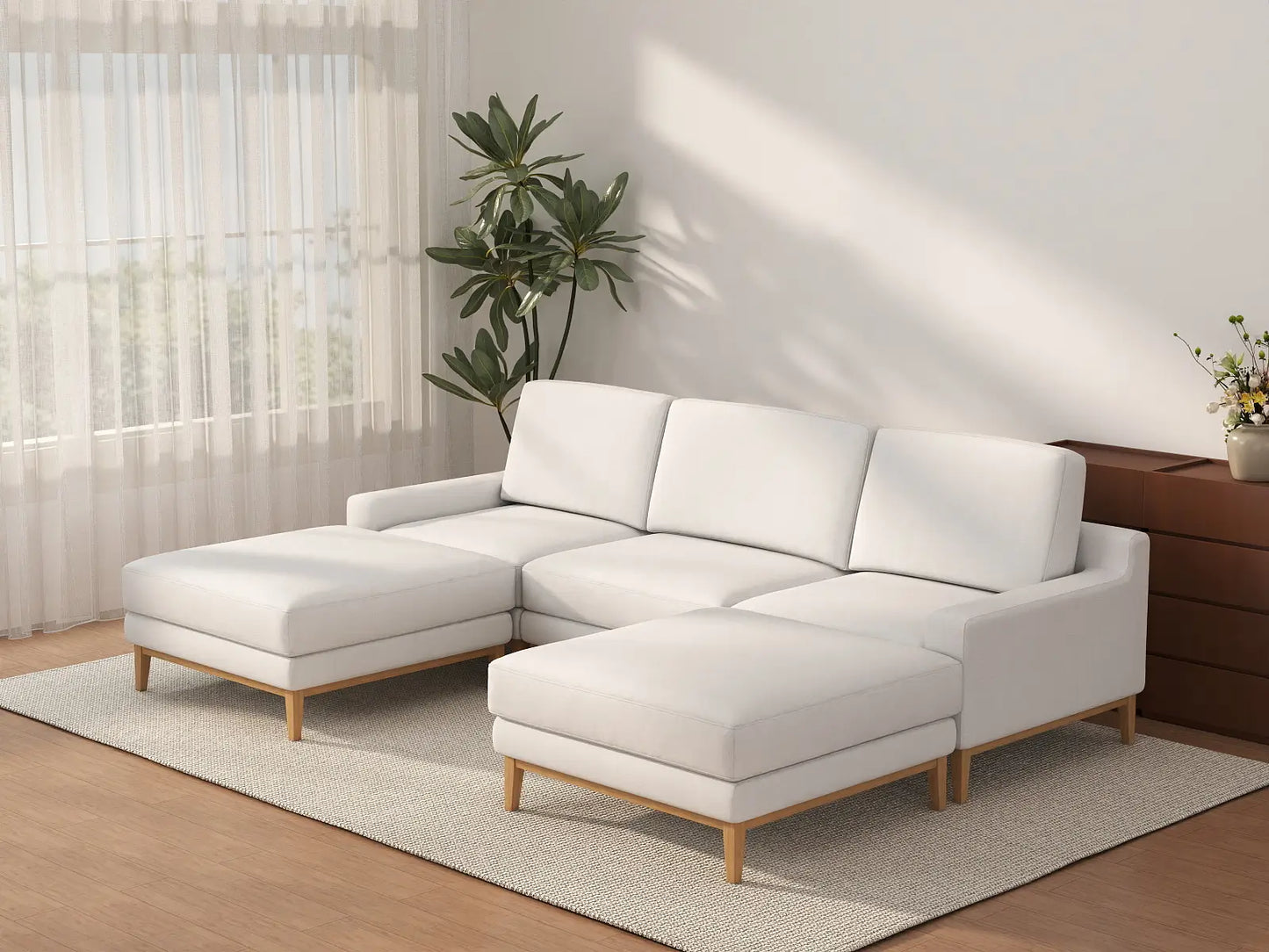 Deluxe Cloud 3-Seater White Large Space U-Shaped Sectional | 5-Piece (Includes 2 Ottomans), Linen Look Poly Fabric, Easy To Clean