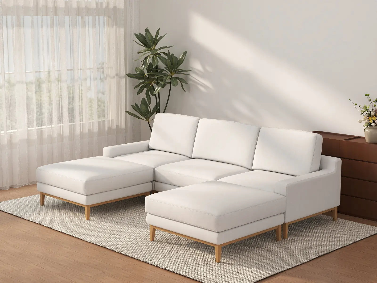 Deluxe Cloud 3-Seater White Large Space U-Shaped Sectional | 5-Piece (Includes 2 Ottomans), Linen Look Poly Fabric, Easy To Clean