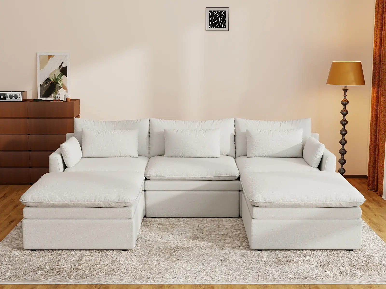 Deluxe Cloud 3-Seater White Large Space U-Shaped Sectional | 5-Piece (Includes 2 Ottomans), Linen Look Poly Fabric, Easy To Clean