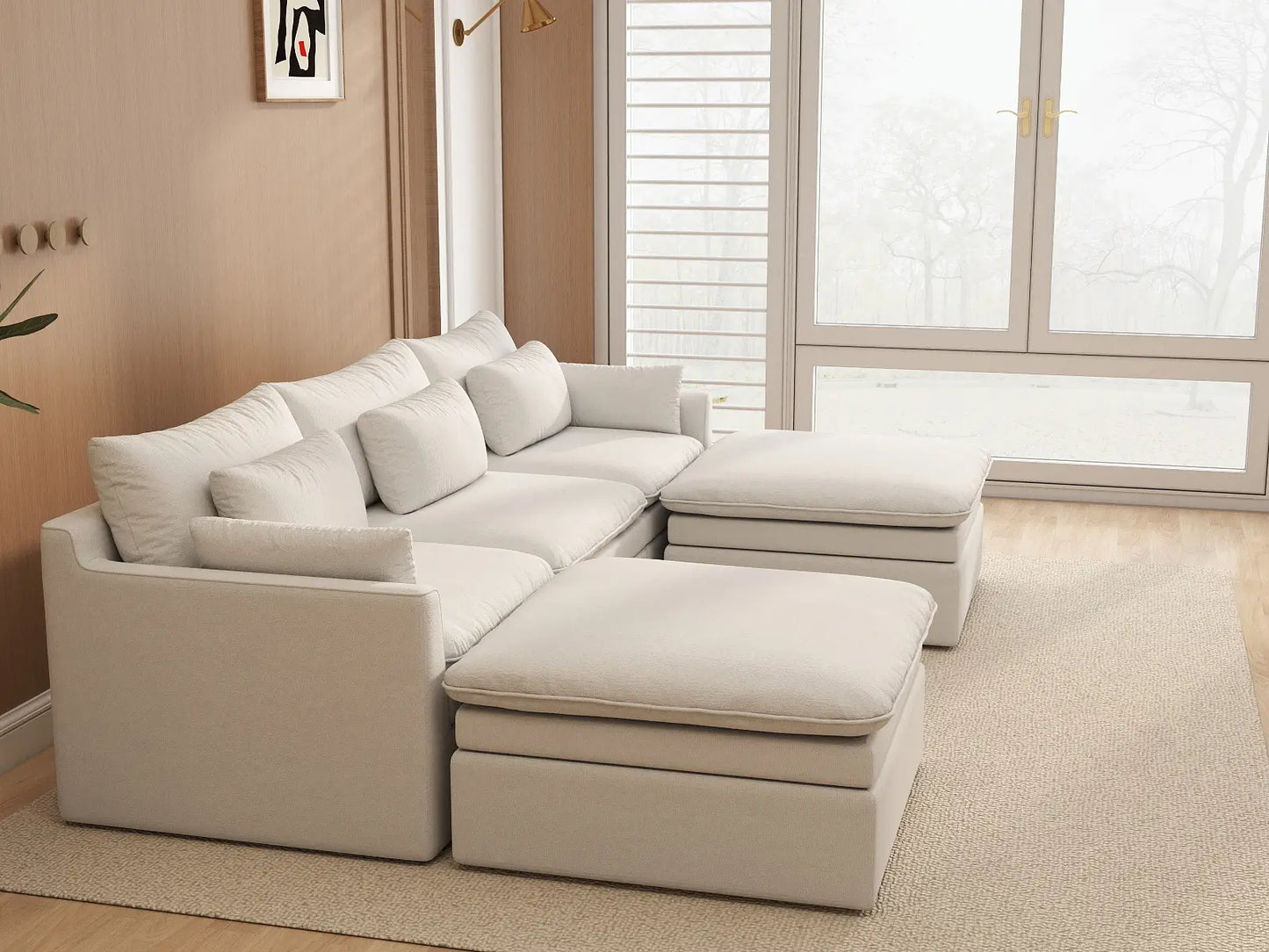 Deluxe Cloud 3-Seater White Large Space U-Shaped Sectional | 5-Piece (Includes 2 Ottomans), Linen Look Poly Fabric, Easy To Clean