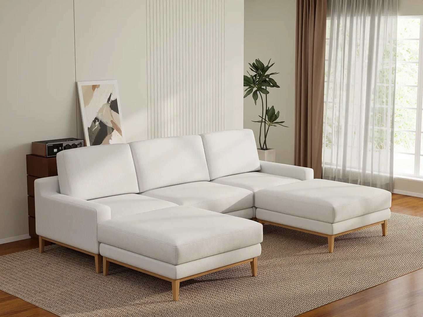 Deluxe Cloud 3-Seater White Large Space U-Shaped Sectional | 5-Piece (Includes 2 Ottomans), Linen Look Poly Fabric, Easy To Clean