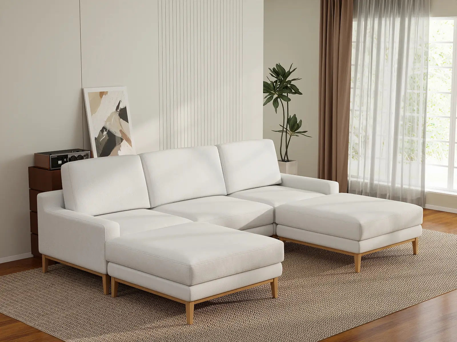 Deluxe Cloud 3-Seater White Large Space U-Shaped Sectional | 5-Piece (Includes 2 Ottomans), Linen Look Poly Fabric, Easy To Clean