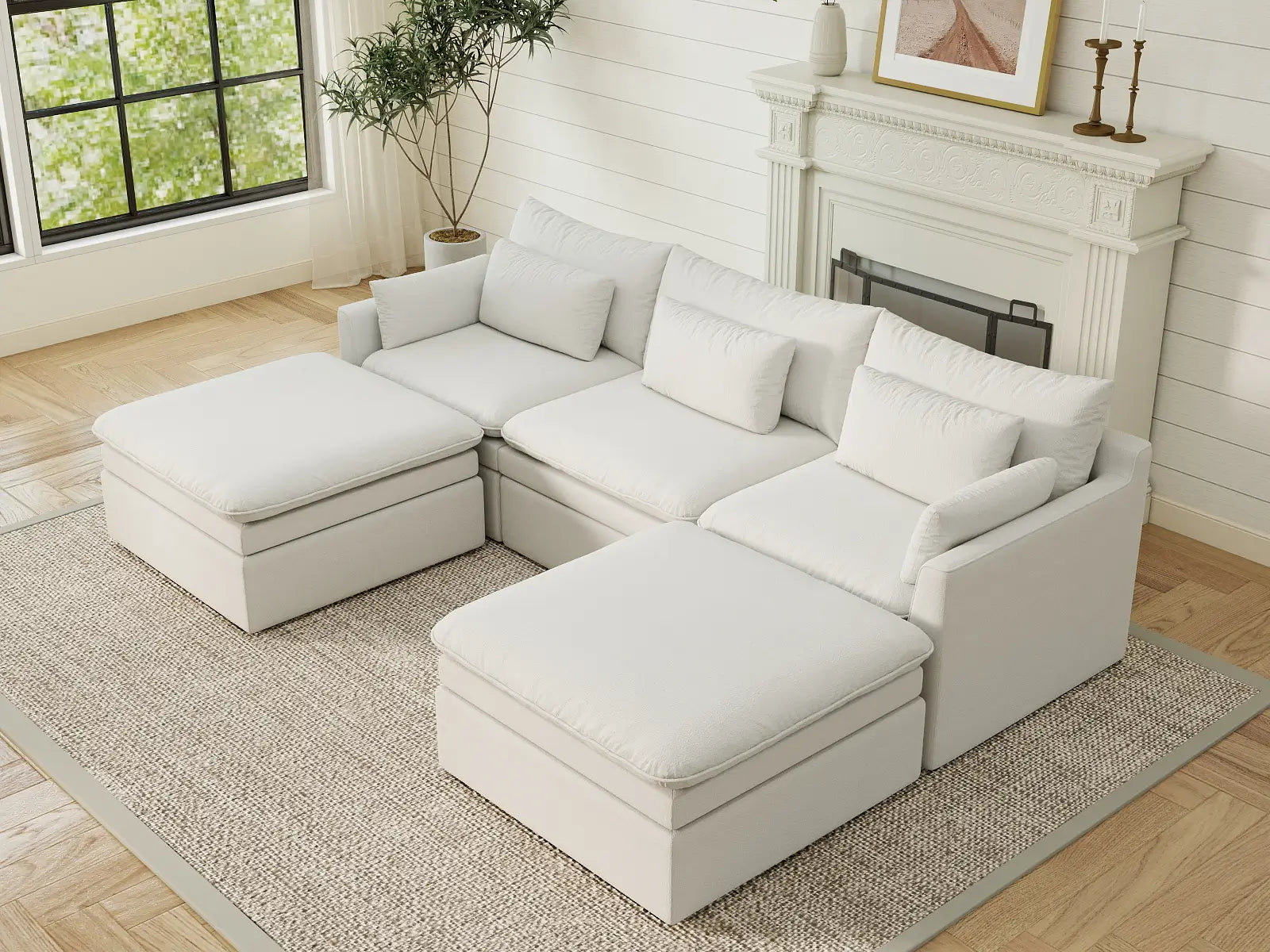 Deluxe Cloud 3-Seater White Large Space U-Shaped Sectional | 5-Piece (Includes 2 Ottomans), Linen Look Poly Fabric, Easy To Clean