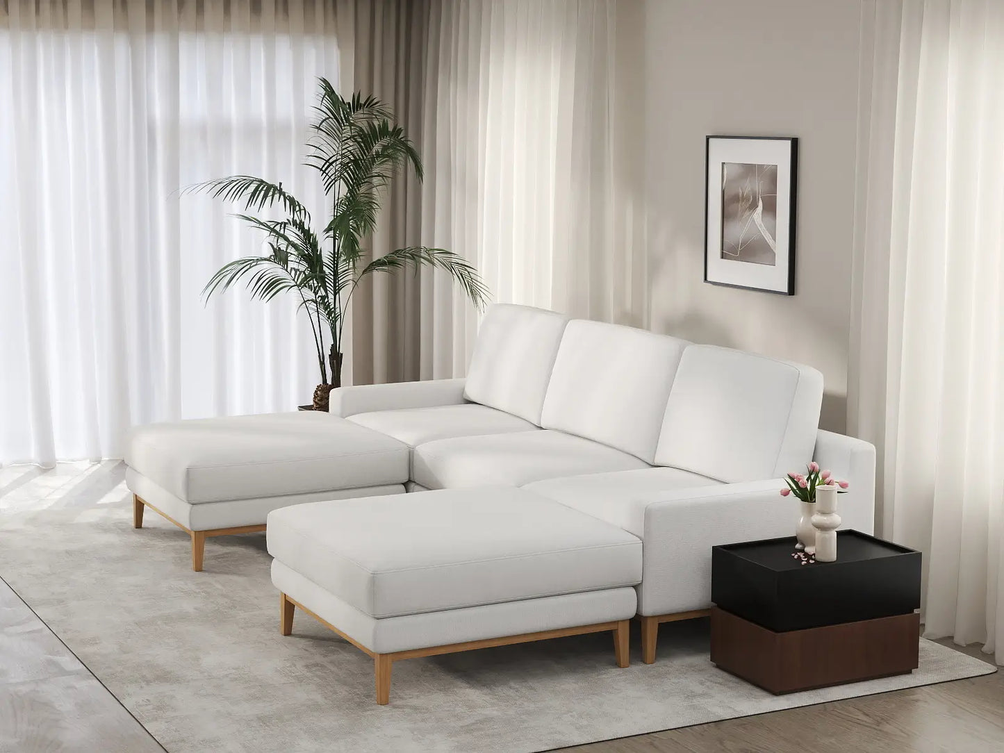 Deluxe Cloud 3-Seater White Large Space U-Shaped Sectional | 5-Piece (Includes 2 Ottomans), Linen Look Poly Fabric, Easy To Clean