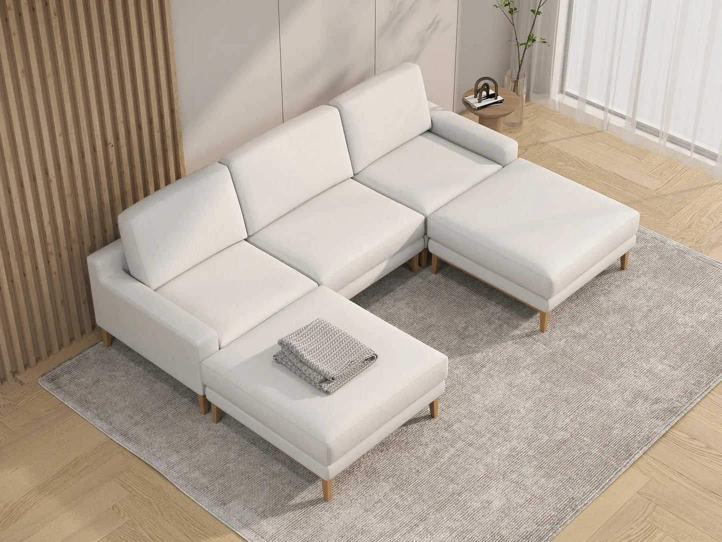 Deluxe Cloud 3-Seater White Large Space U-Shaped Sectional | 5-Piece (Includes 2 Ottomans), Linen Look Poly Fabric, Easy To Clean