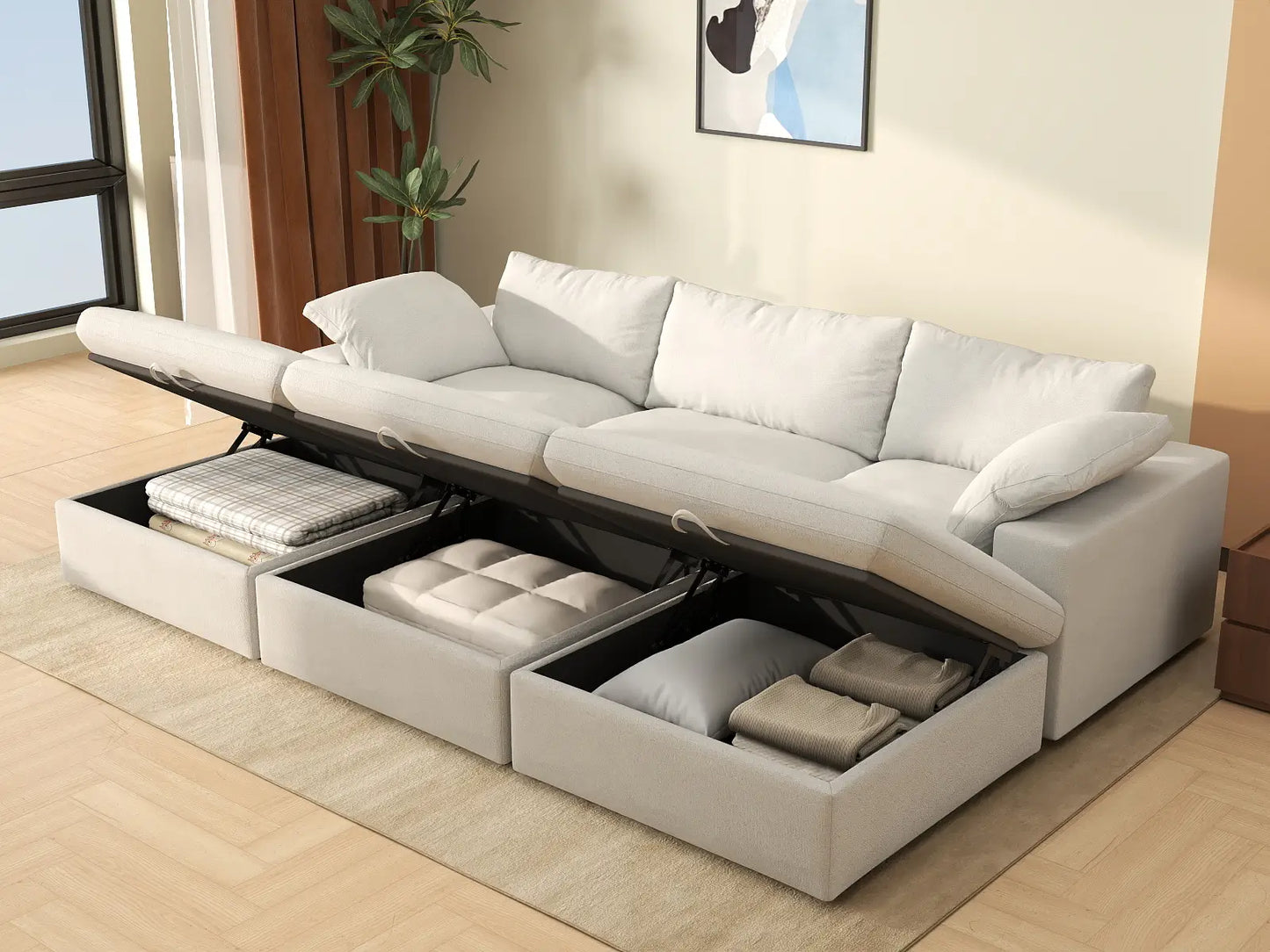 Deluxe Premium Cloud Sectional Sofa Covers | White Cotton and Linen Sofa Cover for 3-Seater with 3-Ottomans