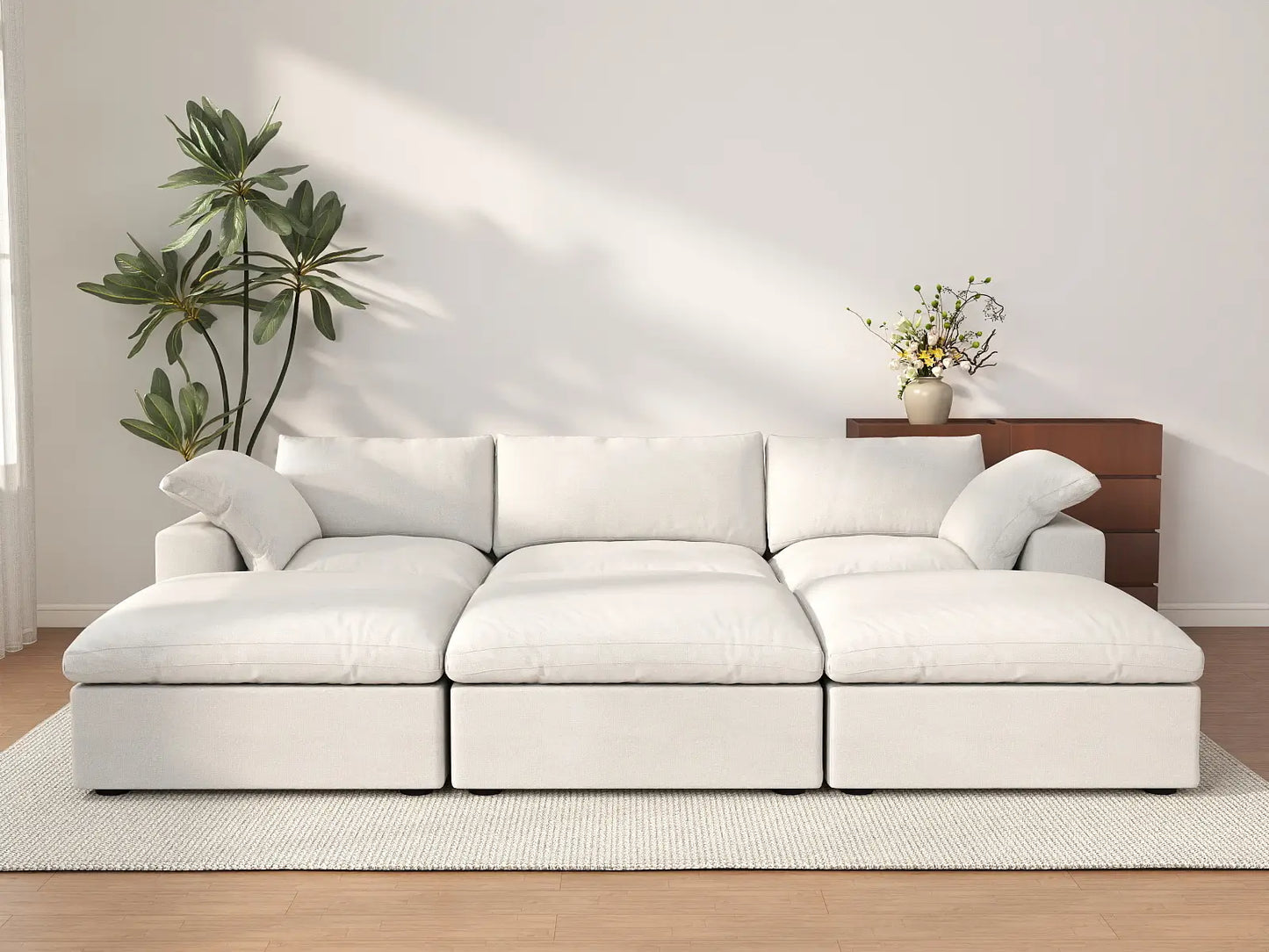Deluxe Cloud 3-Seater White Pit Sectional | 6-Piece (Includes 3 Ottomans), Cotton And Linen Fabric, Family Room Seating, Washable Cushion Covers