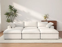 Deluxe Cloud 3-Seater White Pit Sectional | 6-Piece (Includes 3 Ottomans), Cotton And Linen Fabric, Family Room Seating, Washable Cushion Covers