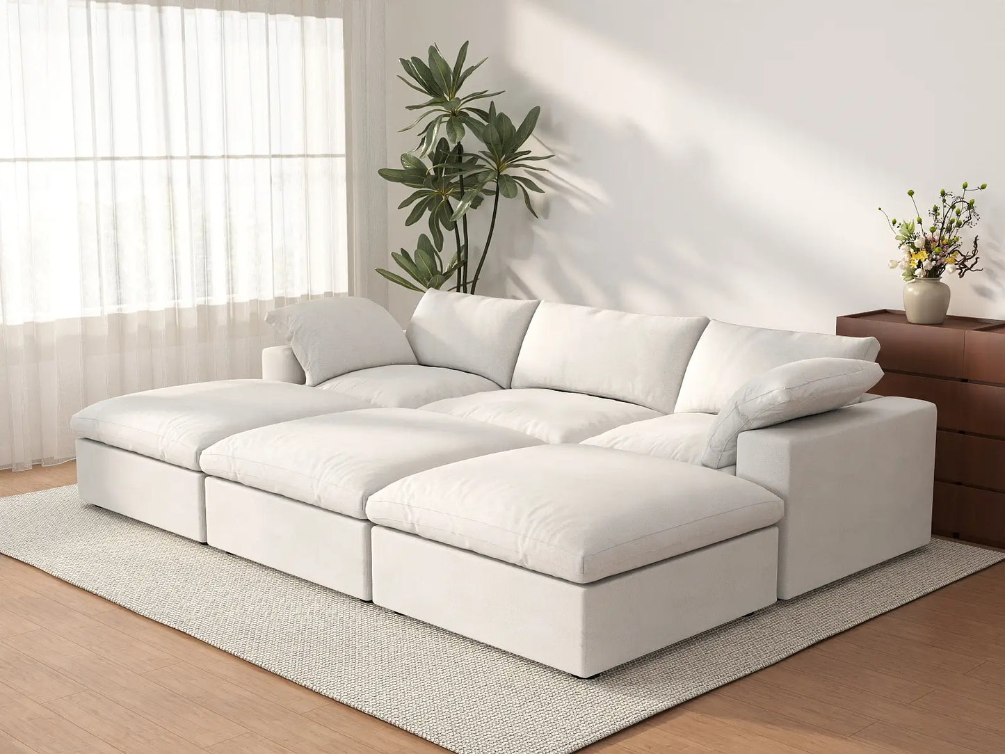 Deluxe Cloud 3-Seater White Pit Sectional | 6-Piece (Includes 3 Ottomans), Cotton And Linen Fabric, Family Room Seating, Washable Cushion Covers