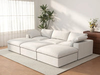 Deluxe Cloud 3-Seater White Pit Sectional | 6-Piece (Includes 3 Ottomans), Cotton And Linen Fabric, Family Room Seating, Washable Cushion Covers