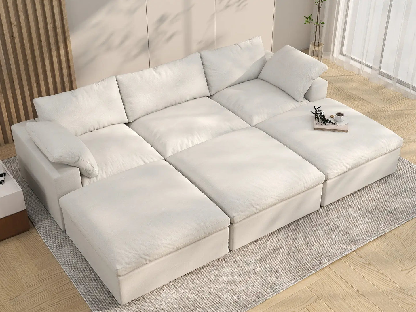 Deluxe Premium Cloud Sectional Sofa Covers | White Cotton and Linen Sofa Cover for 3-Seater with 3-Ottomans