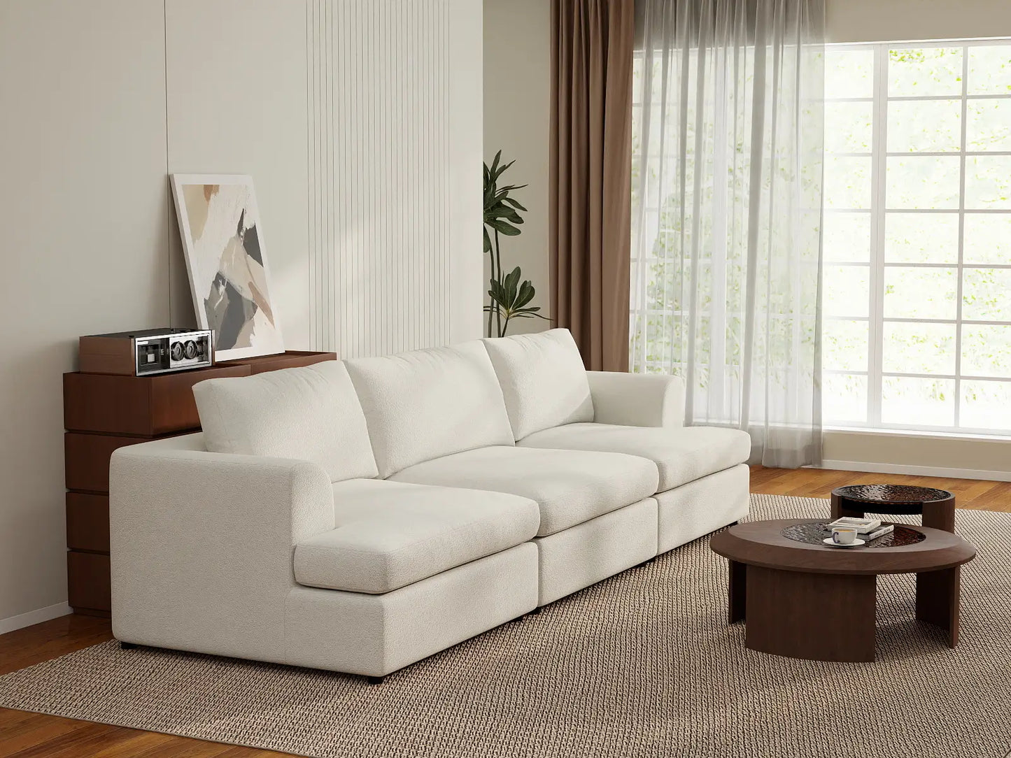 Deluxe Cloud 3-Seater White Small Space Couch Sectional | 3-Piece, Bouclé Sherpa-Like Fabric, Easy To Clean
