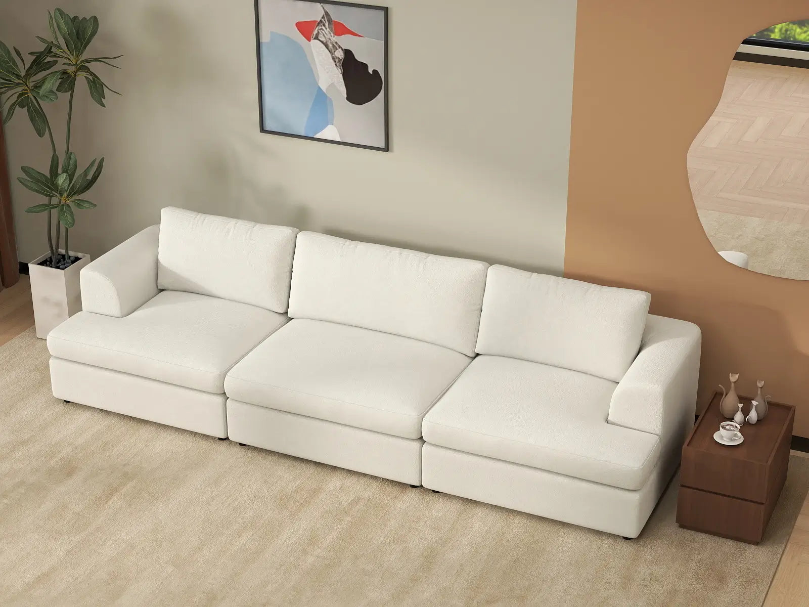 Deluxe Cloud 3-Seater White Small Space Couch Sectional | 3-Piece, Bouclé Sherpa-Like Fabric, Easy To Clean