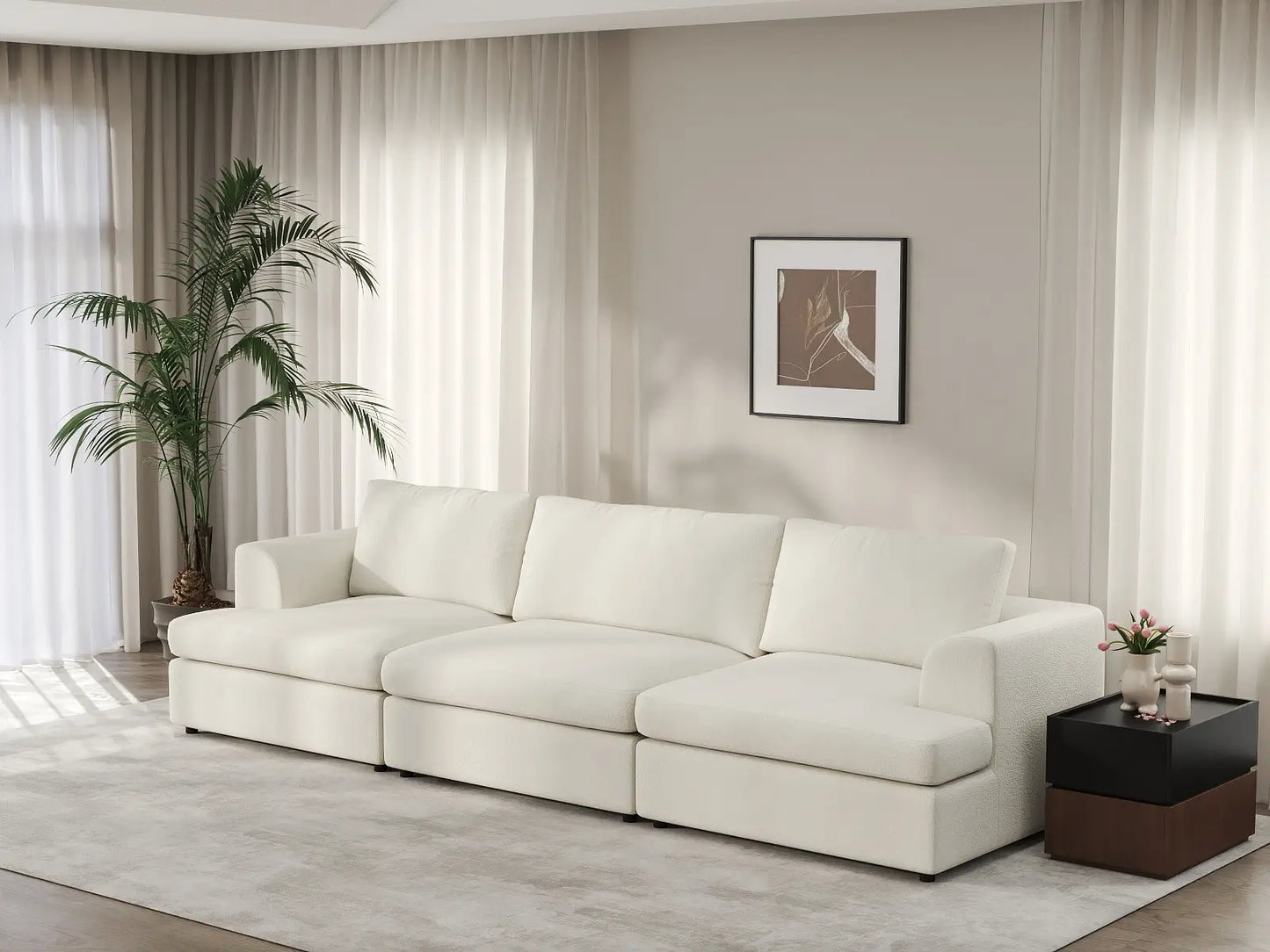 Deluxe Cloud 3-Seater White Small Space Couch Sectional | 3-Piece, Bouclé Sherpa-Like Fabric, Easy To Clean