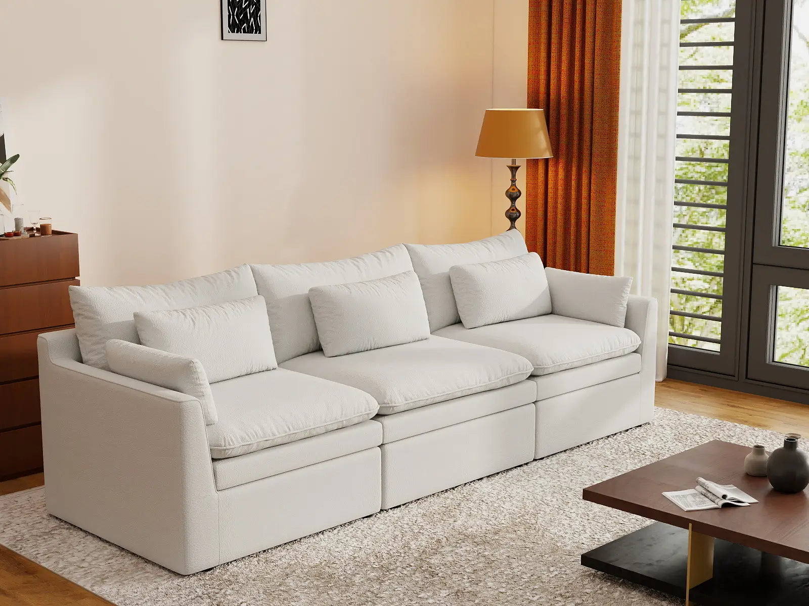 Deluxe Cloud 3-Seater White Small Space Couch Sectional | 3-Piece, Linen Look Poly Fabric, Easy To Clean