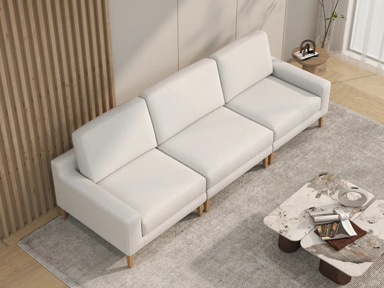 Deluxe Cloud 3-Seater White Small Space Couch Sectional | 3-Piece, Linen Look Poly Fabric, Easy To Clean