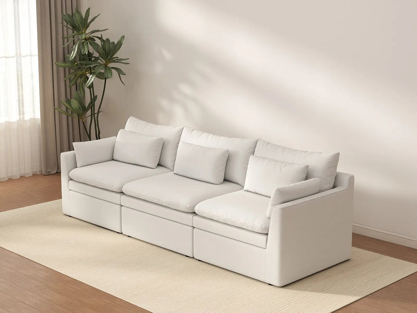 Deluxe Cloud 3-Seater White Small Space Couch Sectional | 3-Piece, Linen Look Poly Fabric, Easy To Clean