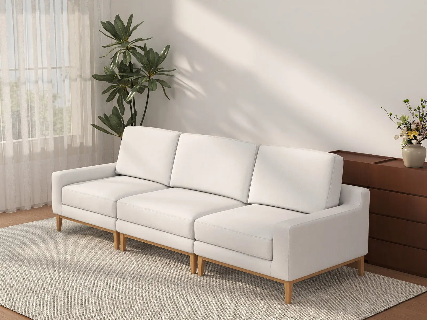 Deluxe Cloud 3-Seater White Small Space Couch Sectional | 3-Piece, Linen Look Poly Fabric, Easy To Clean
