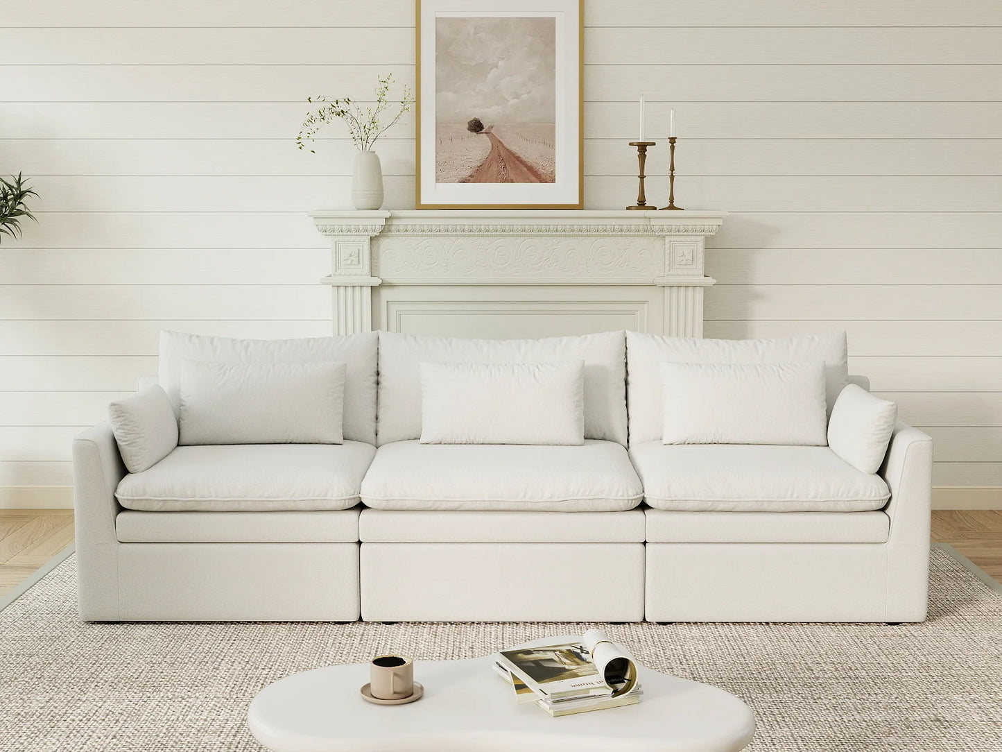 Deluxe Cloud 3-Seater White Small Space Couch Sectional | 3-Piece, Linen Look Poly Fabric, Easy To Clean