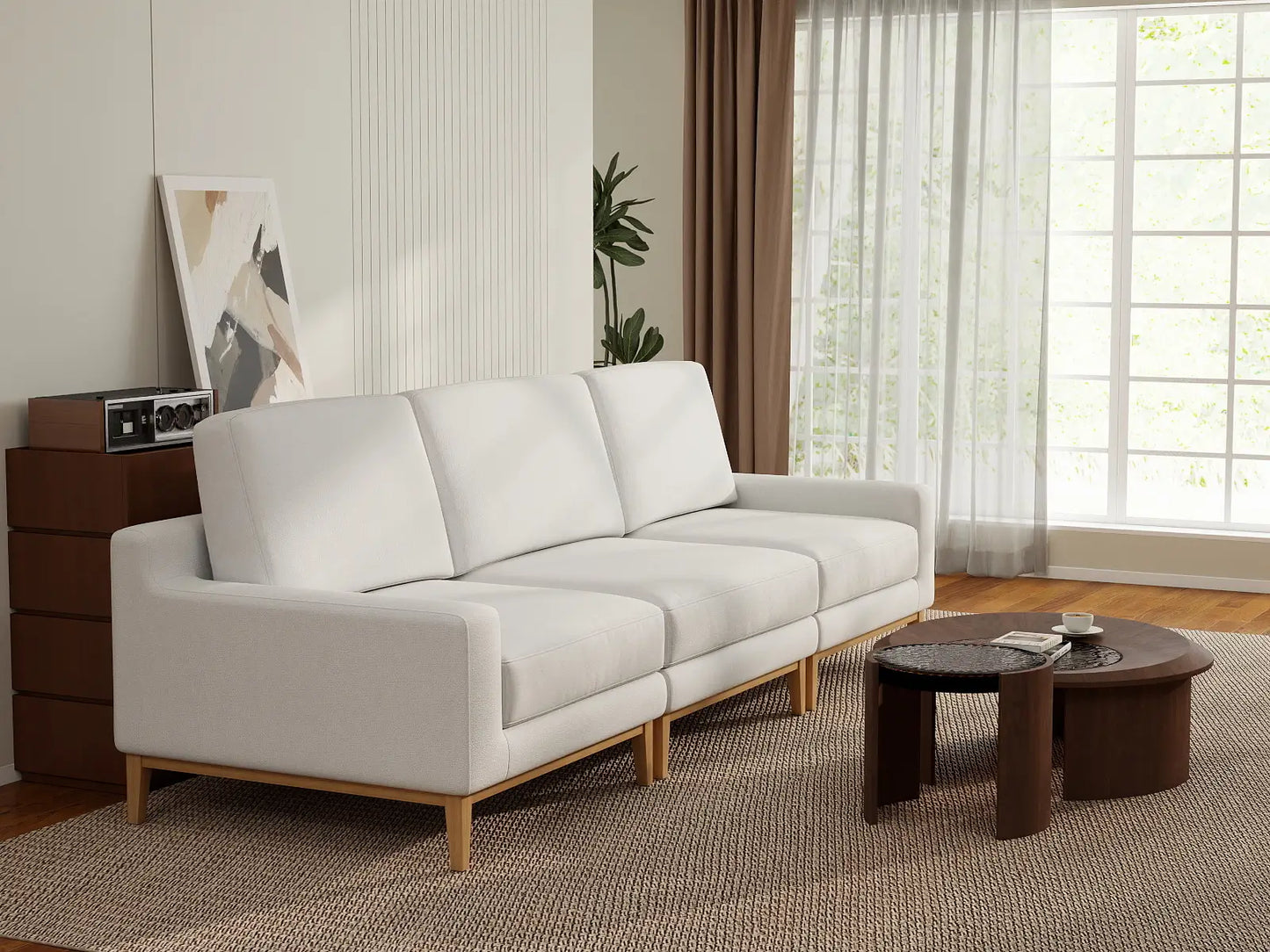 Deluxe Cloud 3-Seater White Small Space Couch Sectional | 3-Piece, Linen Look Poly Fabric, Easy To Clean