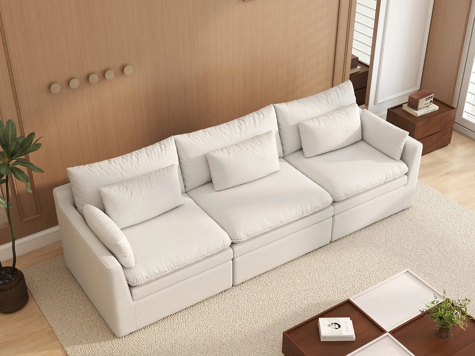Deluxe Cloud 3-Seater White Small Space Couch Sectional | 3-Piece, Linen Look Poly Fabric, Easy To Clean