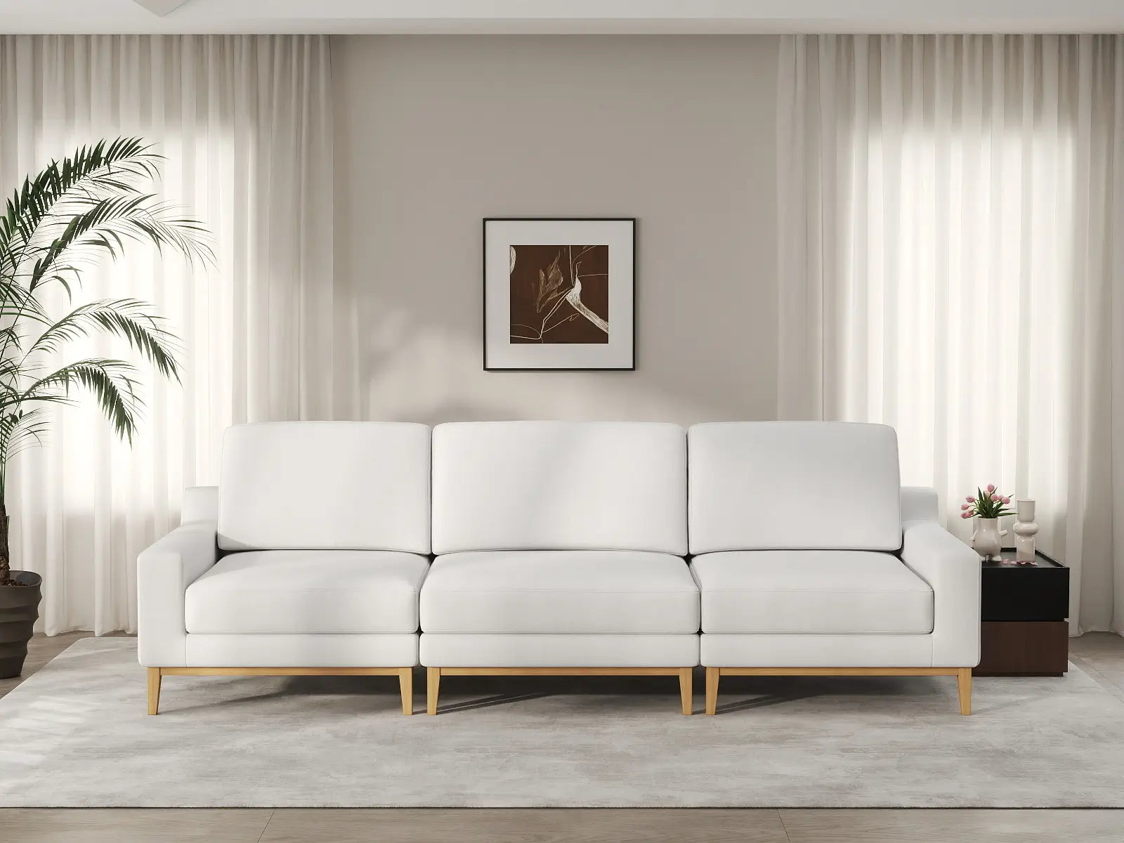 Deluxe Cloud 3-Seater White Small Space Couch Sectional | 3-Piece, Linen Look Poly Fabric, Easy To Clean