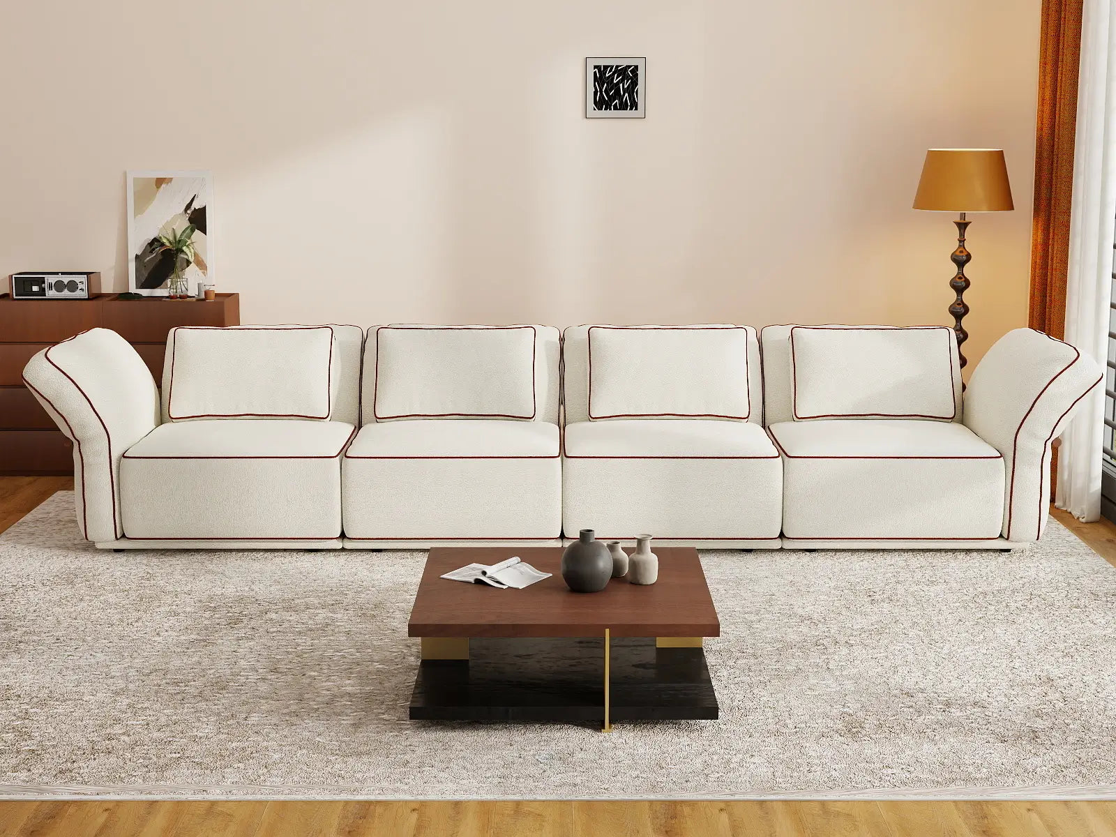 Deluxe Cloud 4-Seater Beige Large Space Couch Sectional | 4-Piece, Bouclé Sherpa-Like Fabric, Easy To Clean