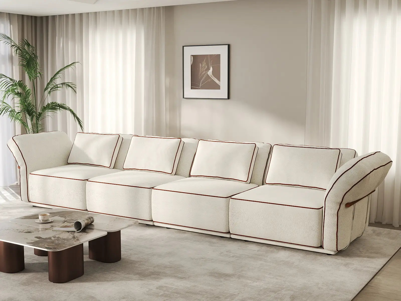 Deluxe Cloud 4-Seater Beige Large Space Couch Sectional | 4-Piece, Bouclé Sherpa-Like Fabric, Easy To Clean