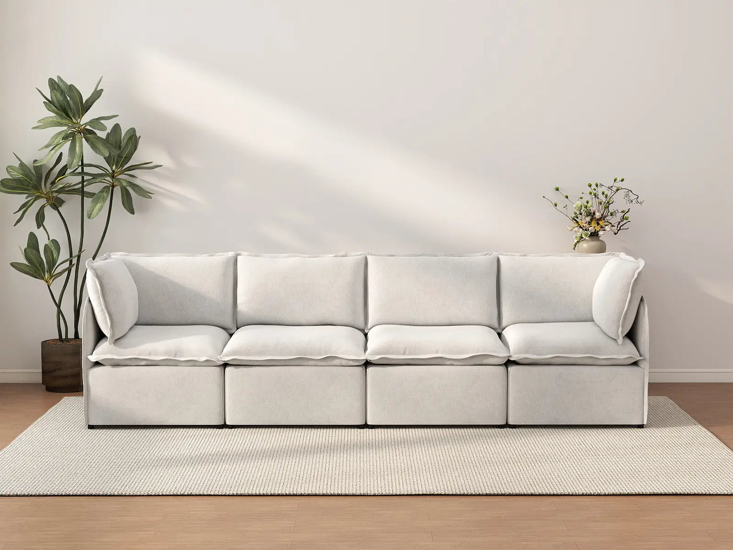 Deluxe Cloud 4-Seater Beige Large Space Couch Sectional | 4-Piece, Linen Look Poly Fabric, Easy To Clean