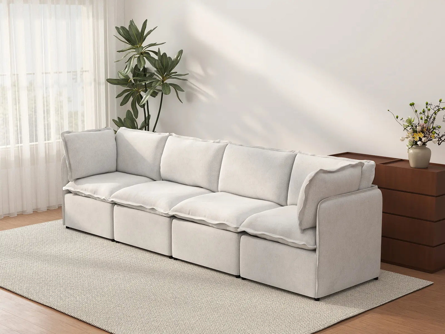 Deluxe Cloud 4-Seater Beige Large Space Couch Sectional | 4-Piece, Linen Look Poly Fabric, Easy To Clean