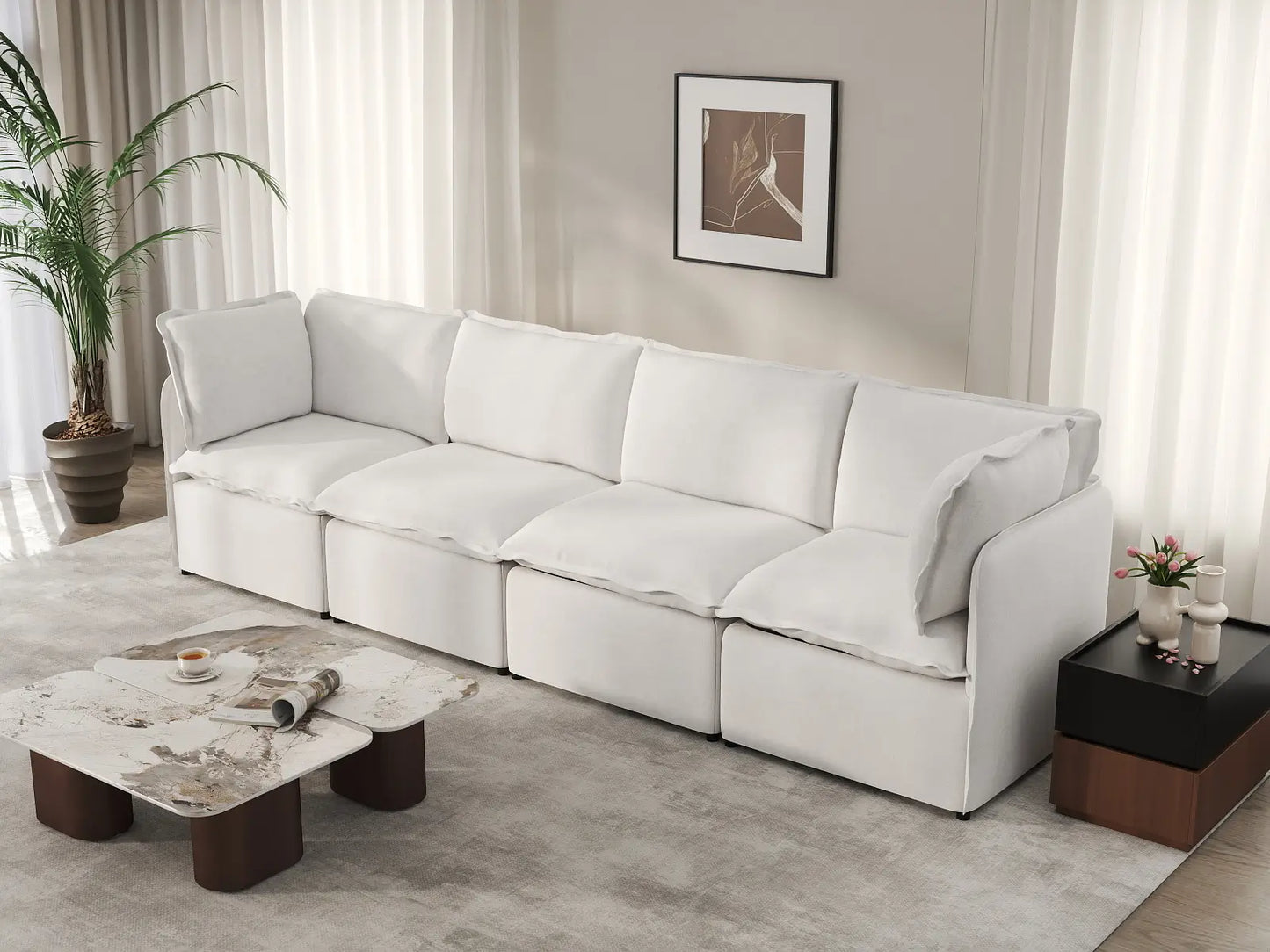 Deluxe Cloud 4-Seater Beige Large Space Couch Sectional | 4-Piece, Linen Look Poly Fabric, Easy To Clean