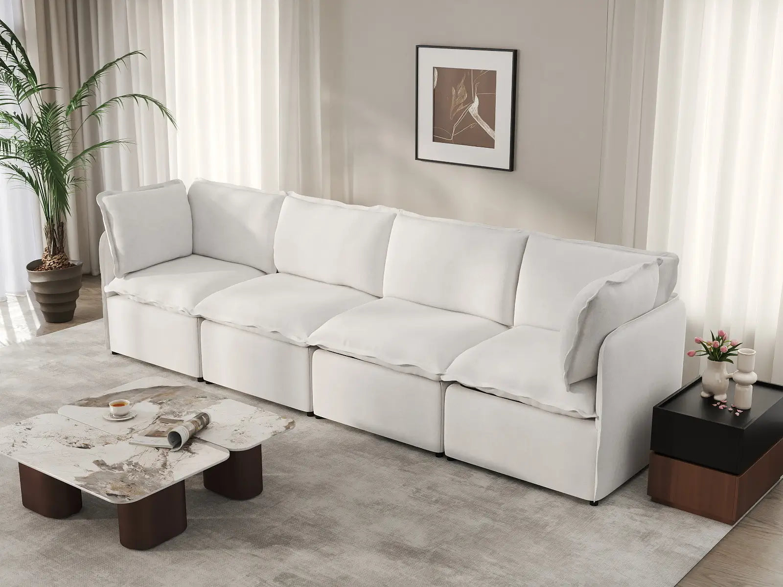 Deluxe Cloud 4-Seater Beige Large Space Couch Sectional | 4-Piece, Linen Look Poly Fabric, Easy To Clean