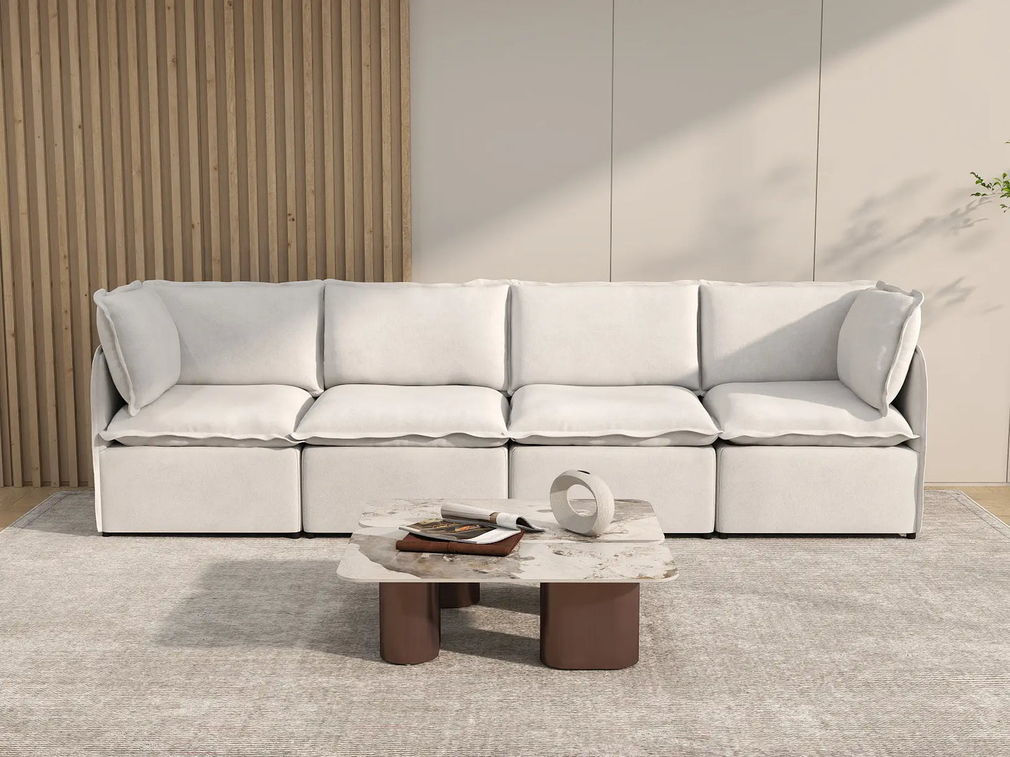 Deluxe Cloud 4-Seater Beige Large Space Couch Sectional | 4-Piece, Linen Look Poly Fabric, Easy To Clean