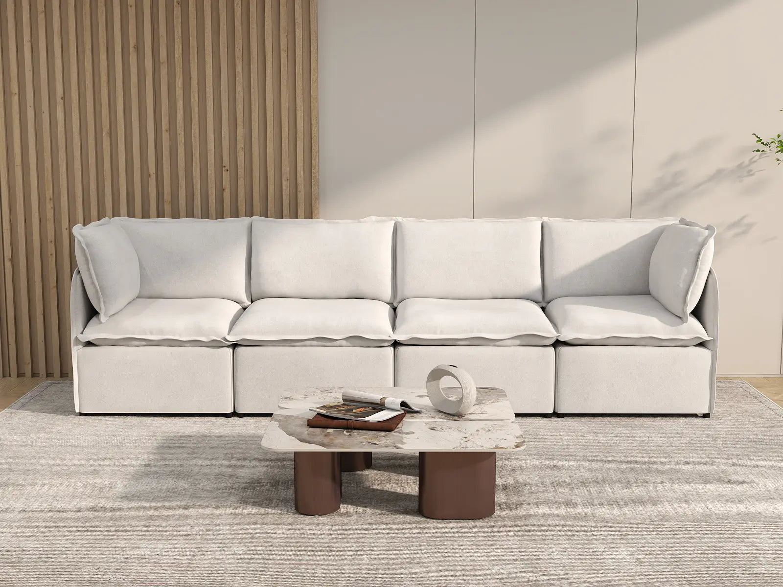 Deluxe Cloud 4-Seater Beige Large Space Couch Sectional | 4-Piece, Linen Look Poly Fabric, Easy To Clean