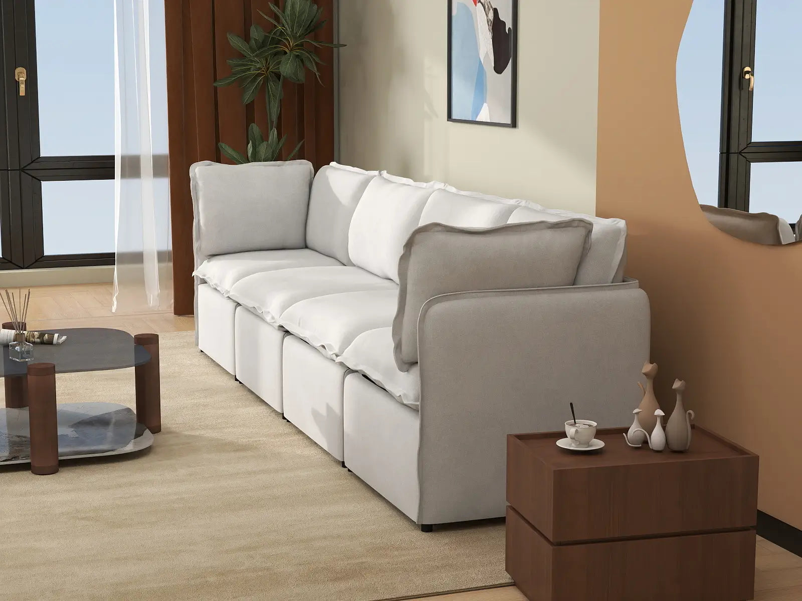 Deluxe Cloud 4-Seater Beige Large Space Couch Sectional | 4-Piece, Linen Look Poly Fabric, Easy To Clean