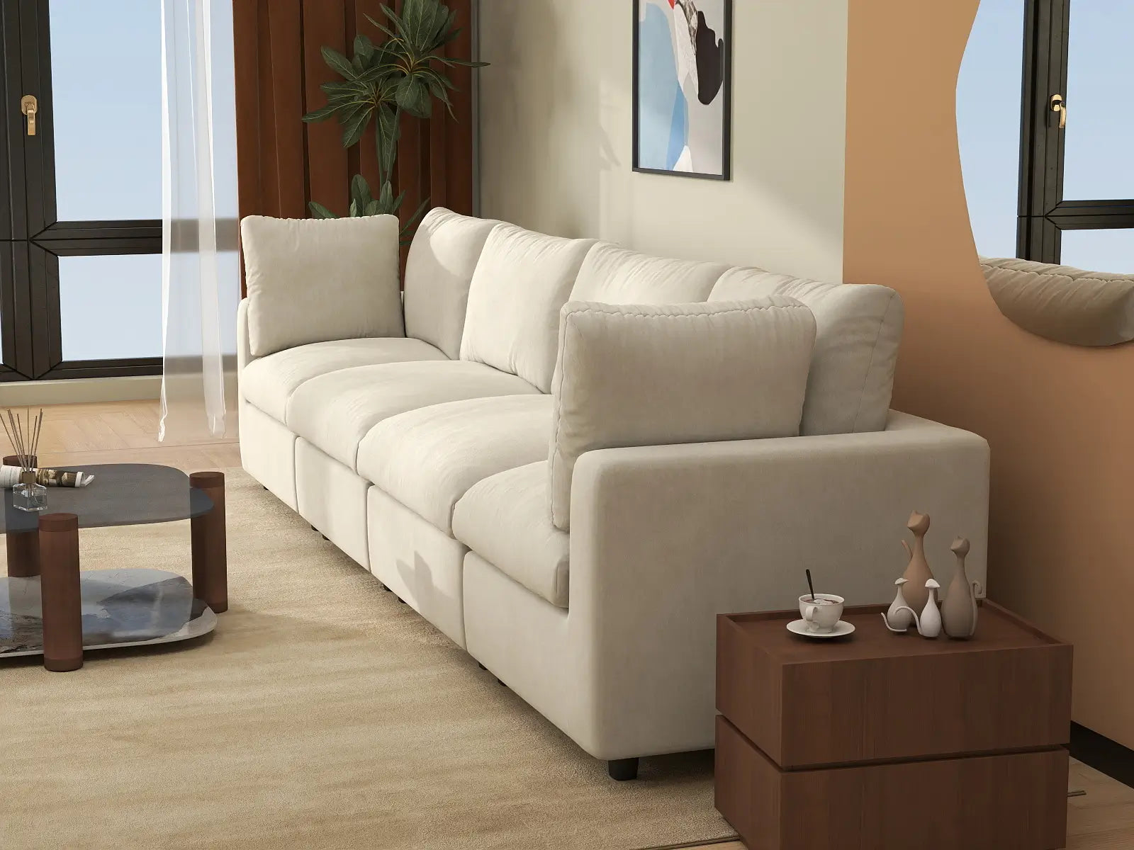 Seccional de sofá de 4 plazas extragrande Deluxe Cloud en beige | 4 piezas, tela de chenilla de mezcla de lino, fácil de limpiar