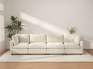 Seccional de sofá de 4 plazas extragrande Deluxe Cloud en beige | 4 piezas, tela de chenilla de mezcla de lino, fácil de limpiar