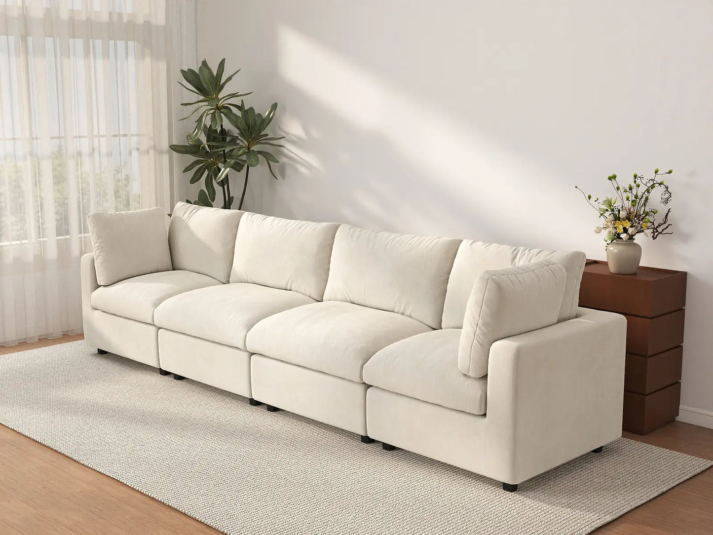 Seccional de sofá de 4 plazas extragrande Deluxe Cloud en beige | 4 piezas, tela de chenilla de mezcla de lino, fácil de limpiar