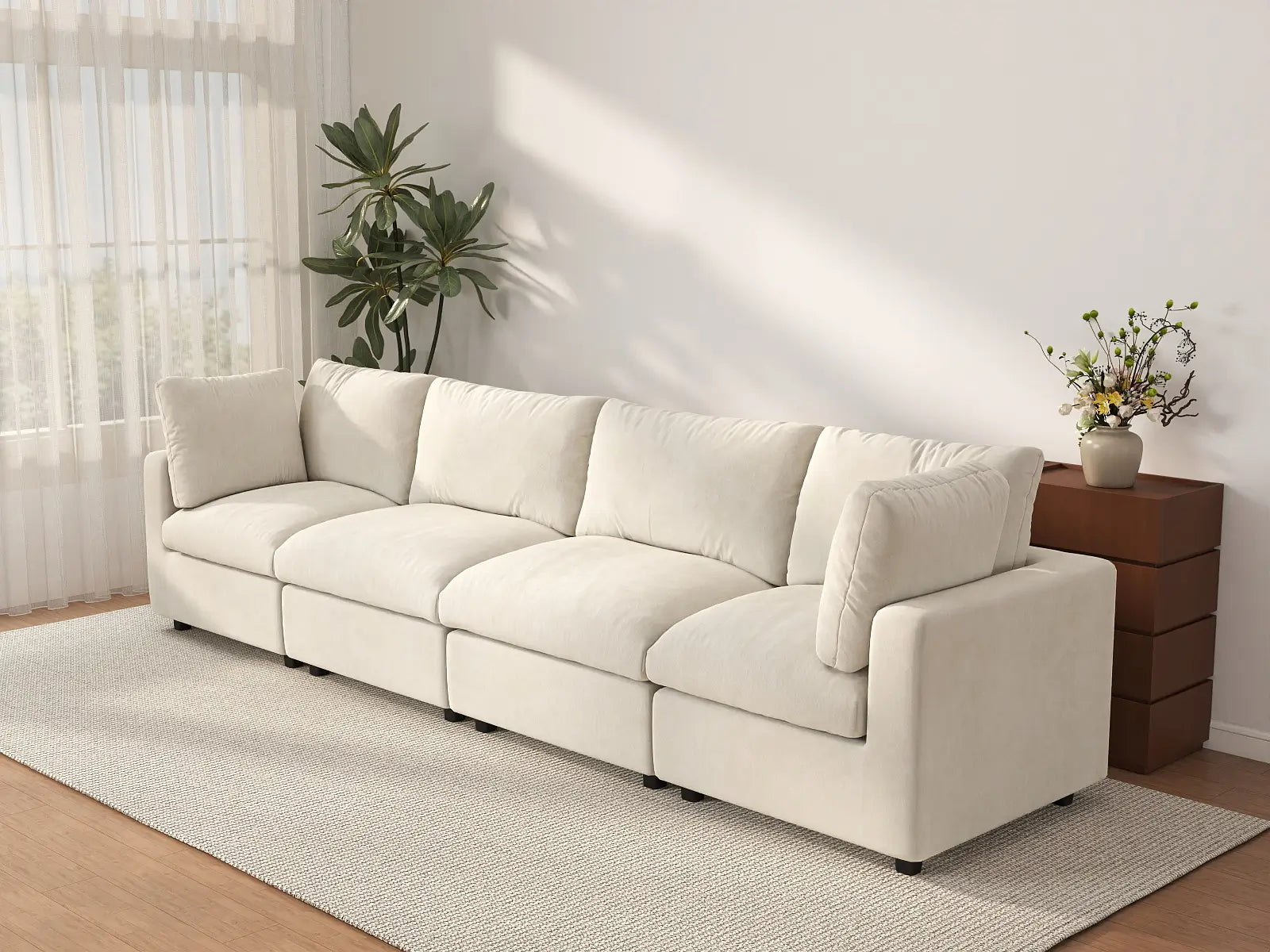 Seccional de sofá de 4 plazas extragrande Deluxe Cloud en beige | 4 piezas, tela de chenilla de mezcla de lino, fácil de limpiar