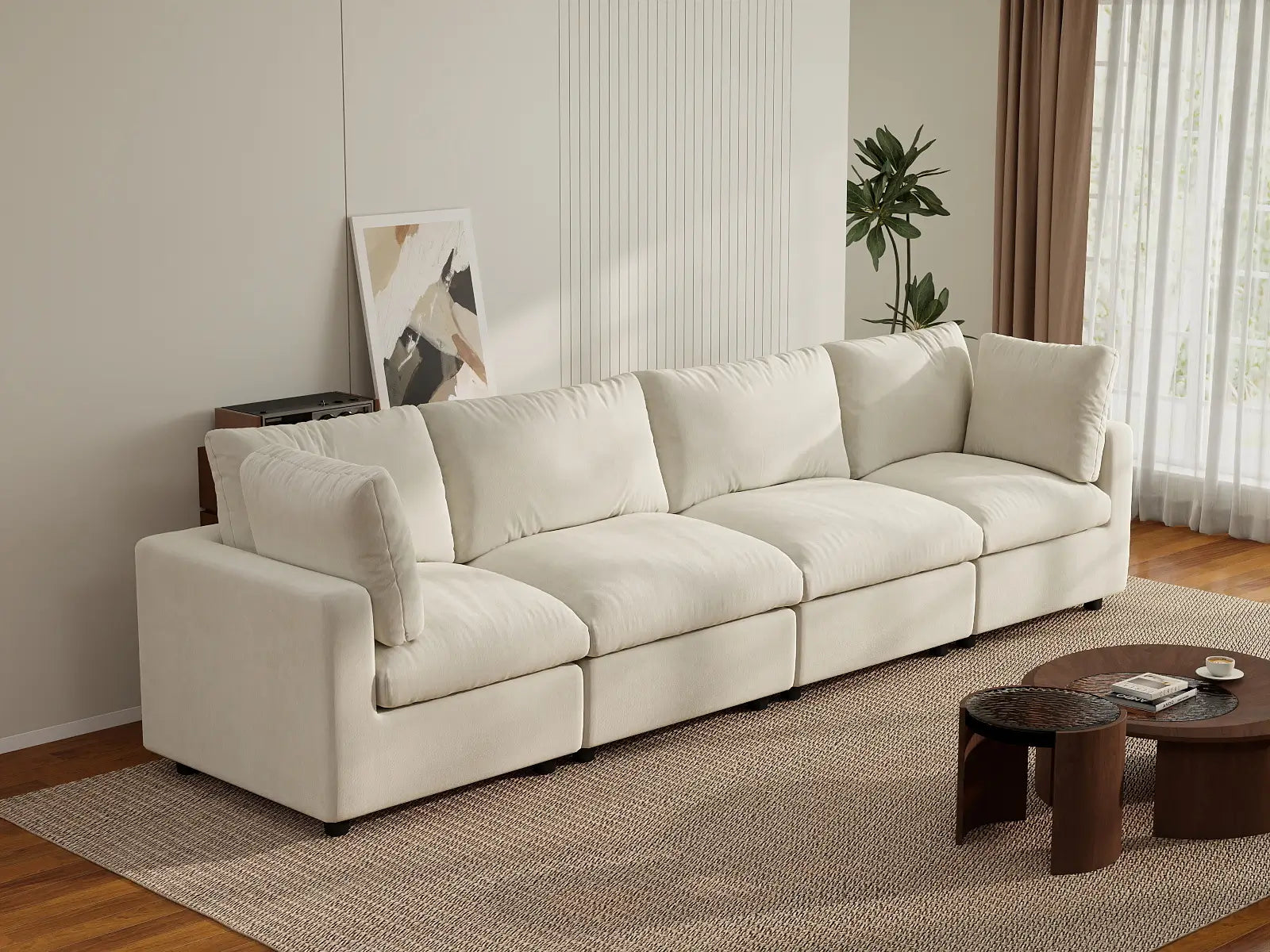Seccional de sofá de 4 plazas extragrande Deluxe Cloud en beige | 4 piezas, tela de chenilla de mezcla de lino, fácil de limpiar