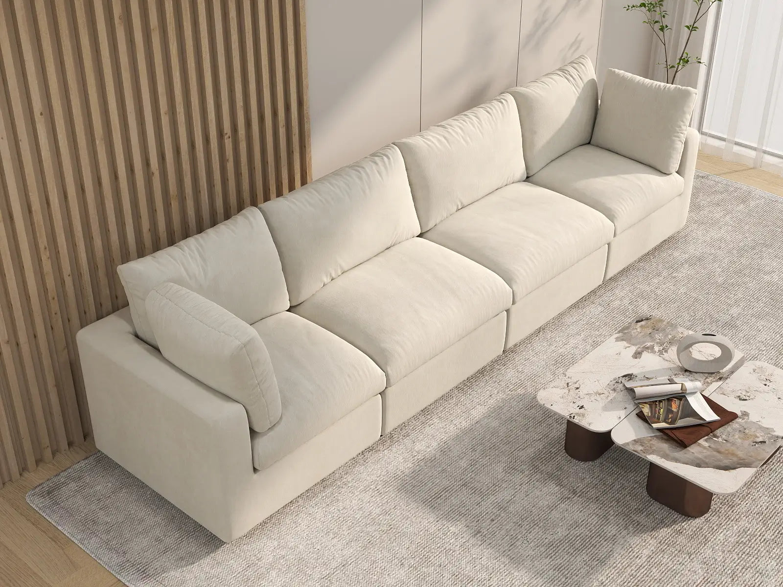 Seccional de sofá de 4 plazas extragrande Deluxe Cloud en beige | 4 piezas, tela de chenilla de mezcla de lino, fácil de limpiar