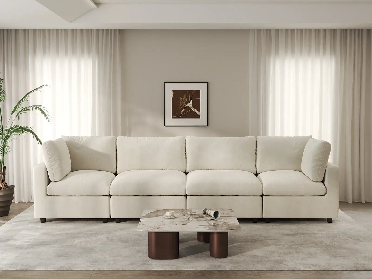 Seccional de sofá de 4 plazas extragrande Deluxe Cloud en beige | 4 piezas, tela de chenilla de mezcla de lino, fácil de limpiar